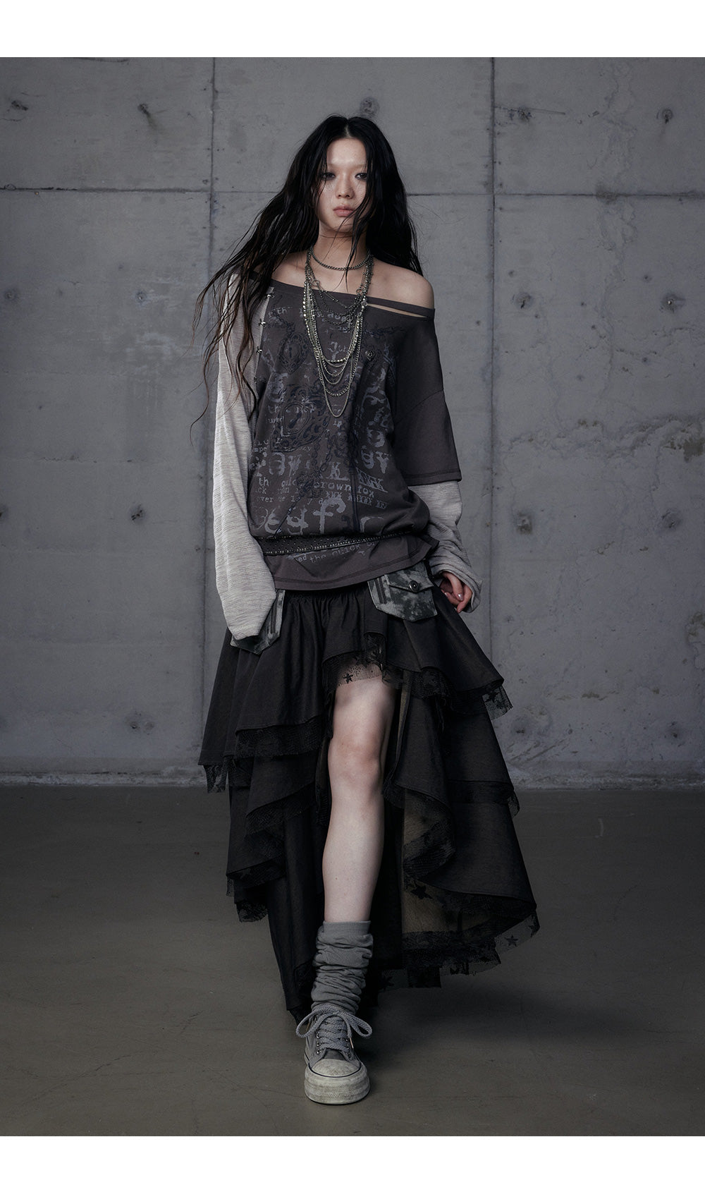 Distressed Fake Two-Piece Off-Shoulder Long Sleeve Top