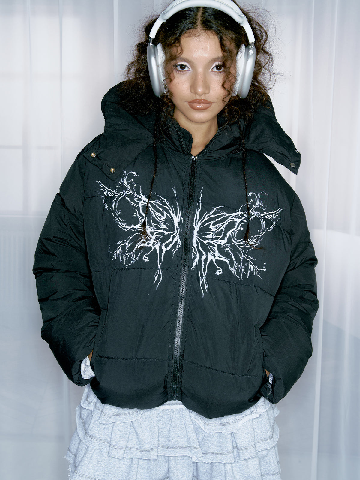 Street wing printed hooded cotton jacket