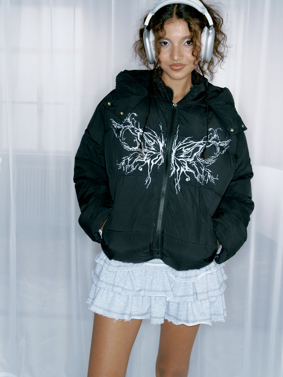 Street wing printed hooded cotton jacket