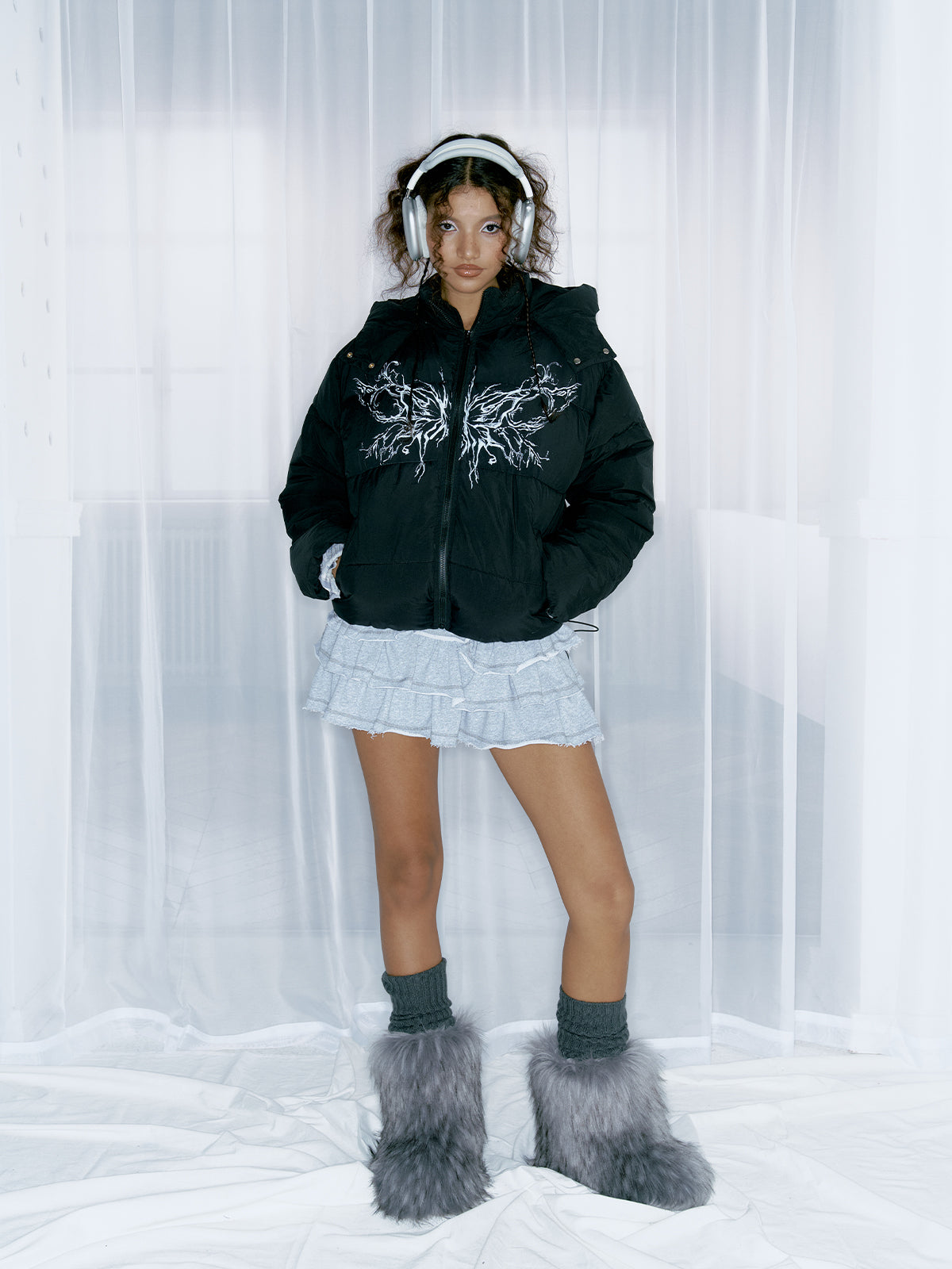 Street wing printed hooded cotton jacket