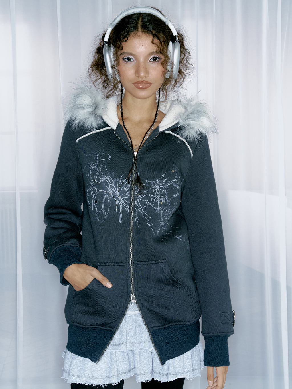 Dark blue retro printed hoodie