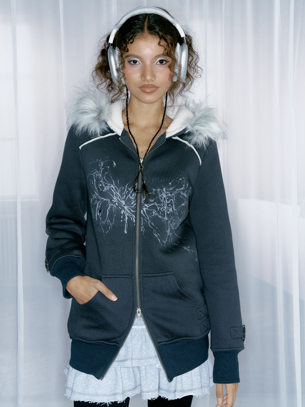 Dark blue retro printed hoodie
