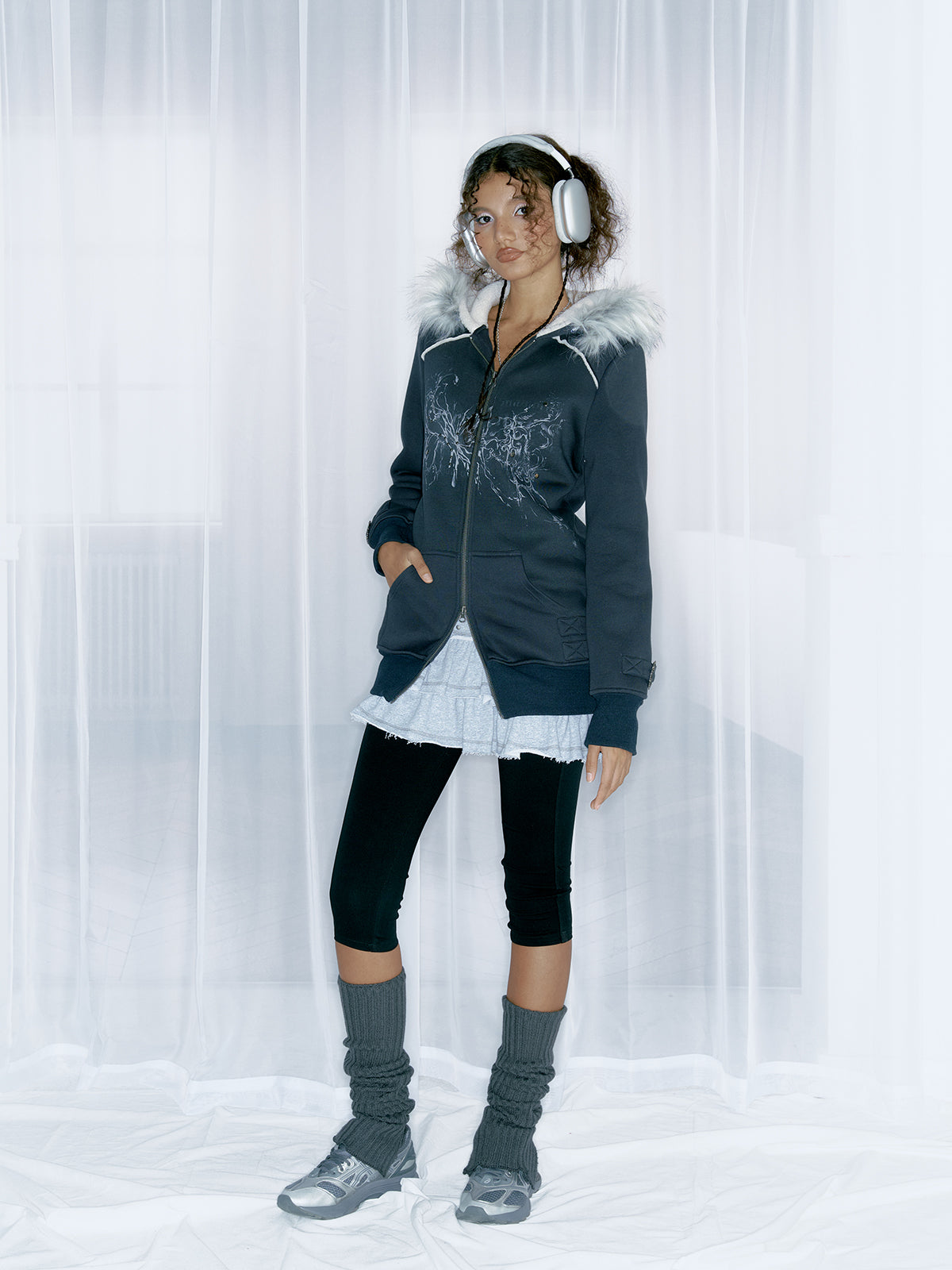 Dark blue retro printed hoodie