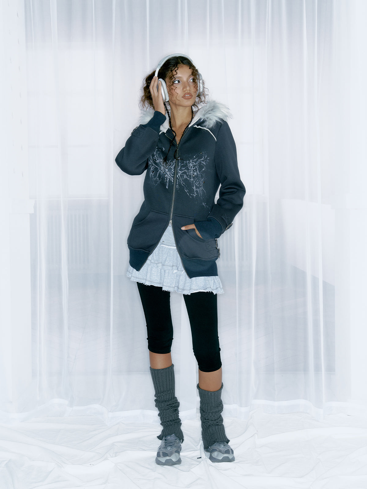 Dark blue retro printed hoodie