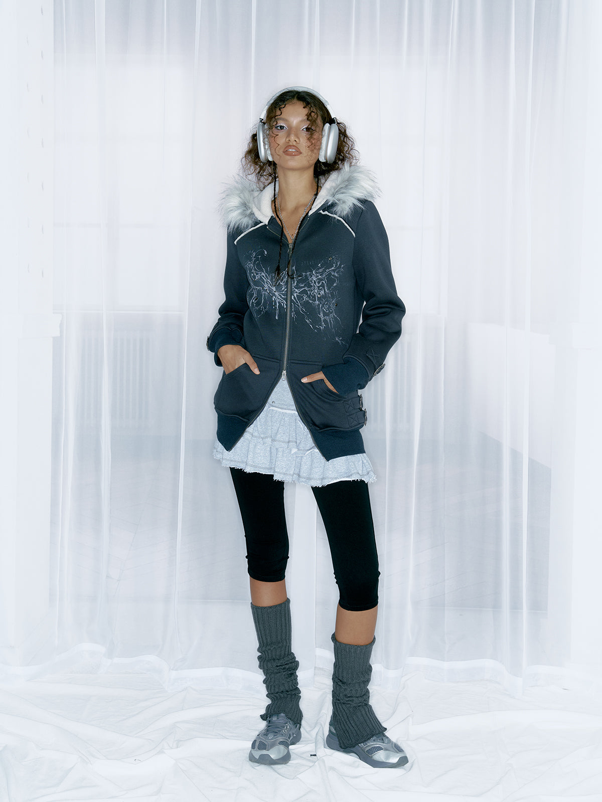 Dark blue retro printed hoodie