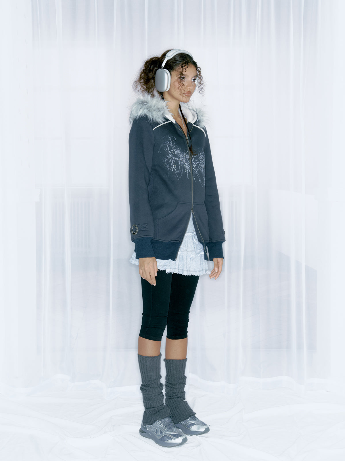 Dark blue retro printed hoodie