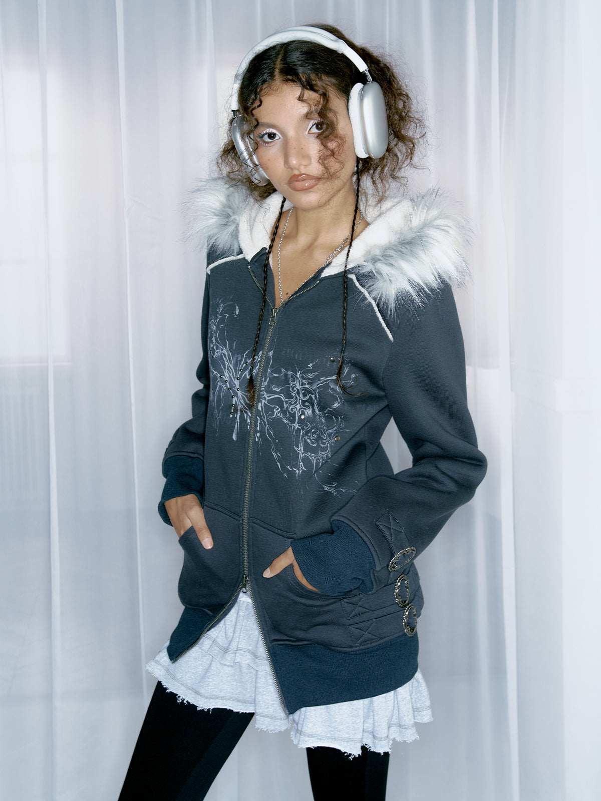 Dark blue retro printed hoodie