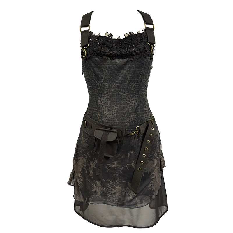 Printed Mesh Lace Dress with Belt
