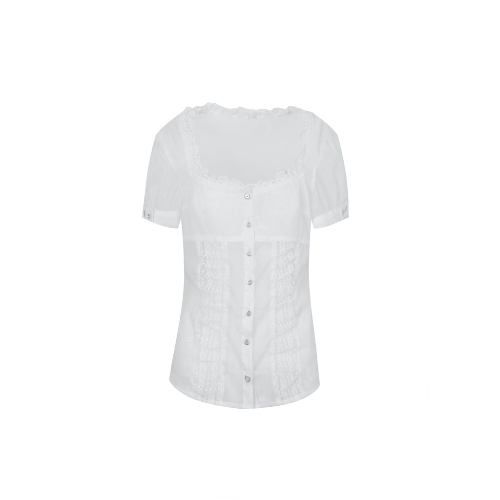 Square-Neck Lace Trim Puff Sleeve Blouse