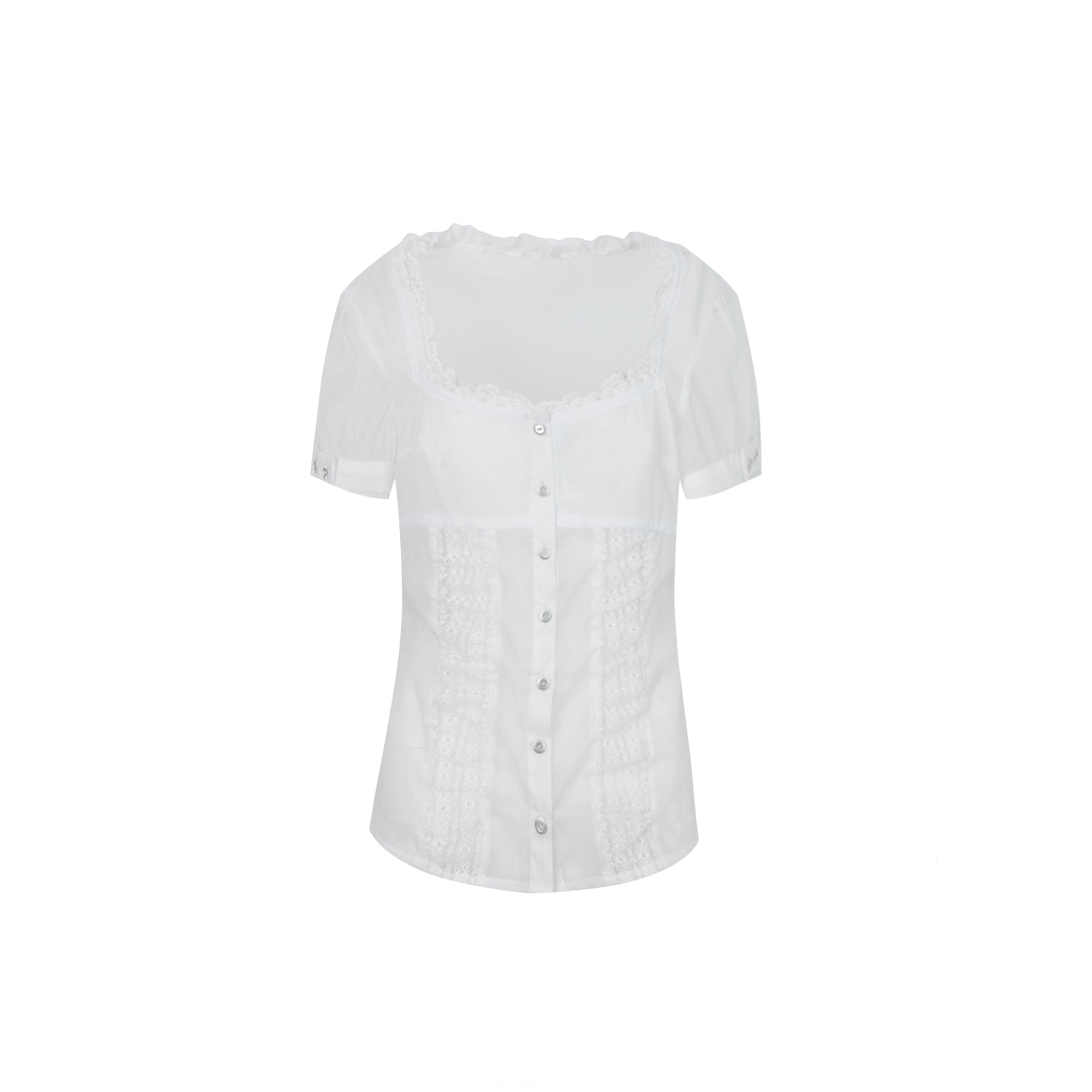 Square-Neck Lace Trim Puff Sleeve Blouse