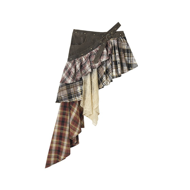 Patchwork Plaid Asymmetrical Skirt