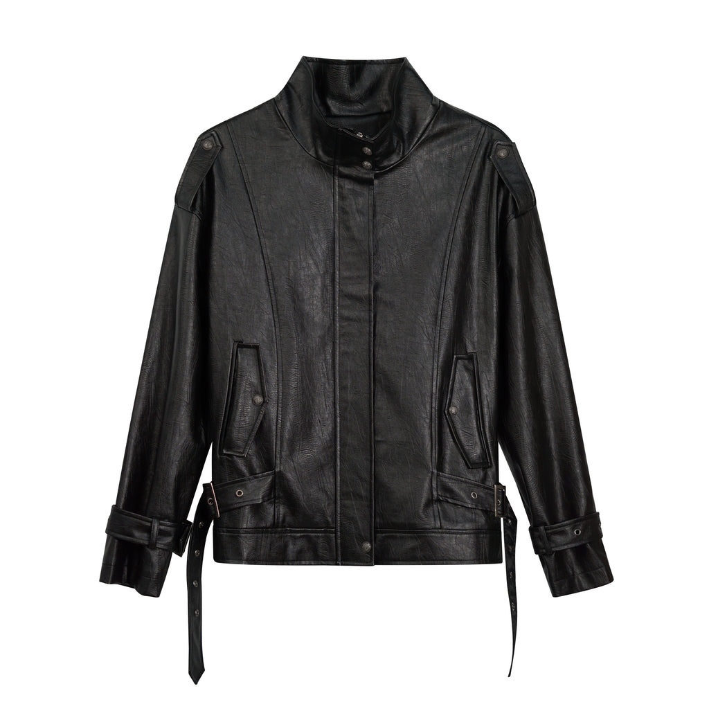 Oversized Black Textured Leather Jacket