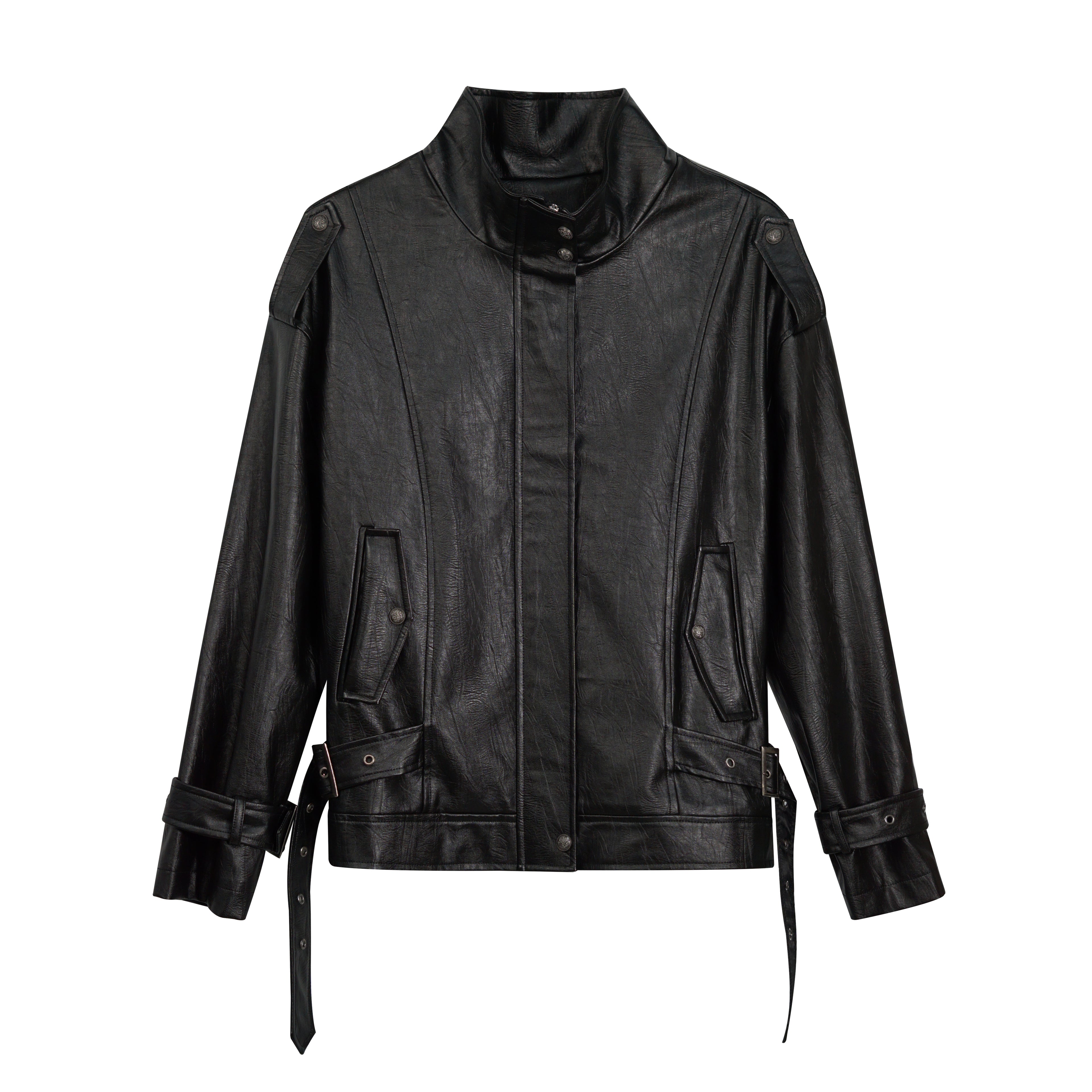 Oversized Black Textured Leather Jacket