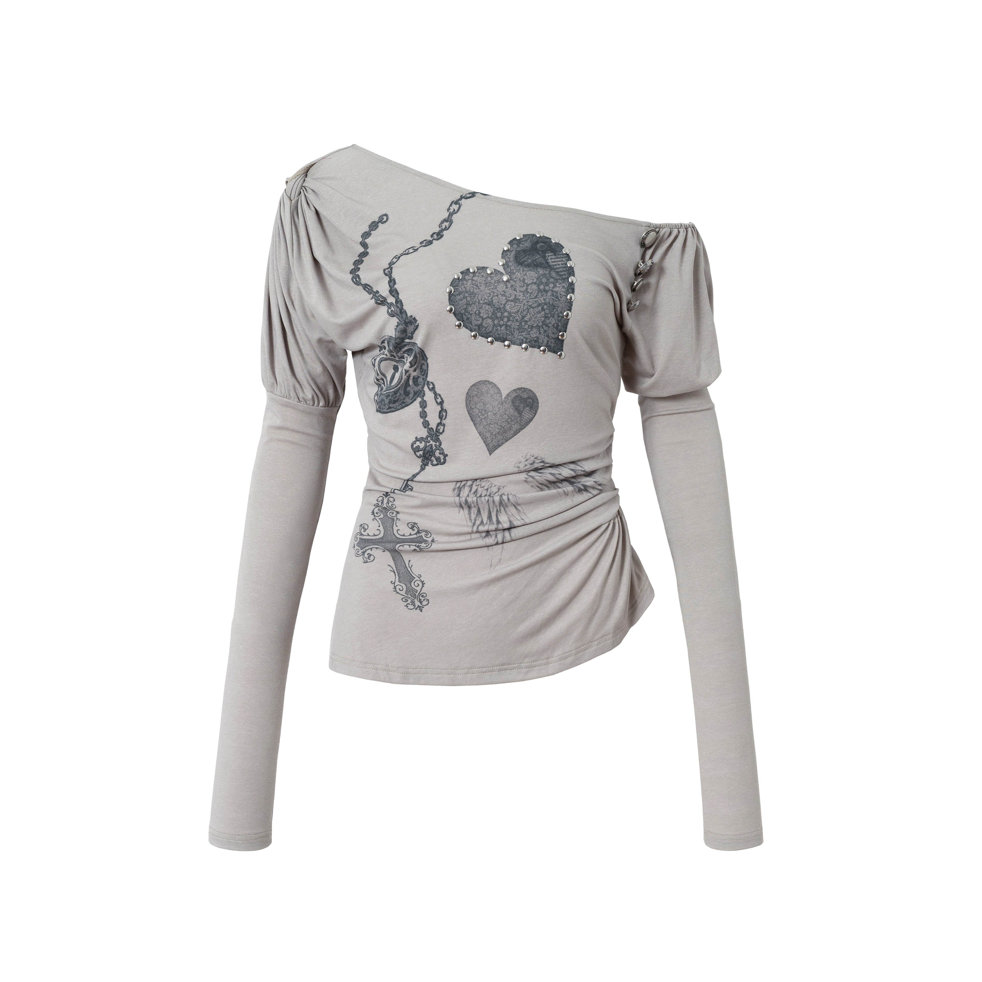 Baroque Puff Sleeve Asymmetric Slim Print Long Sleeve Tee