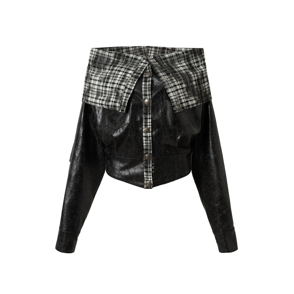 Deconstructed Checkered Waist-Cinching Reversible Leather Hoodie