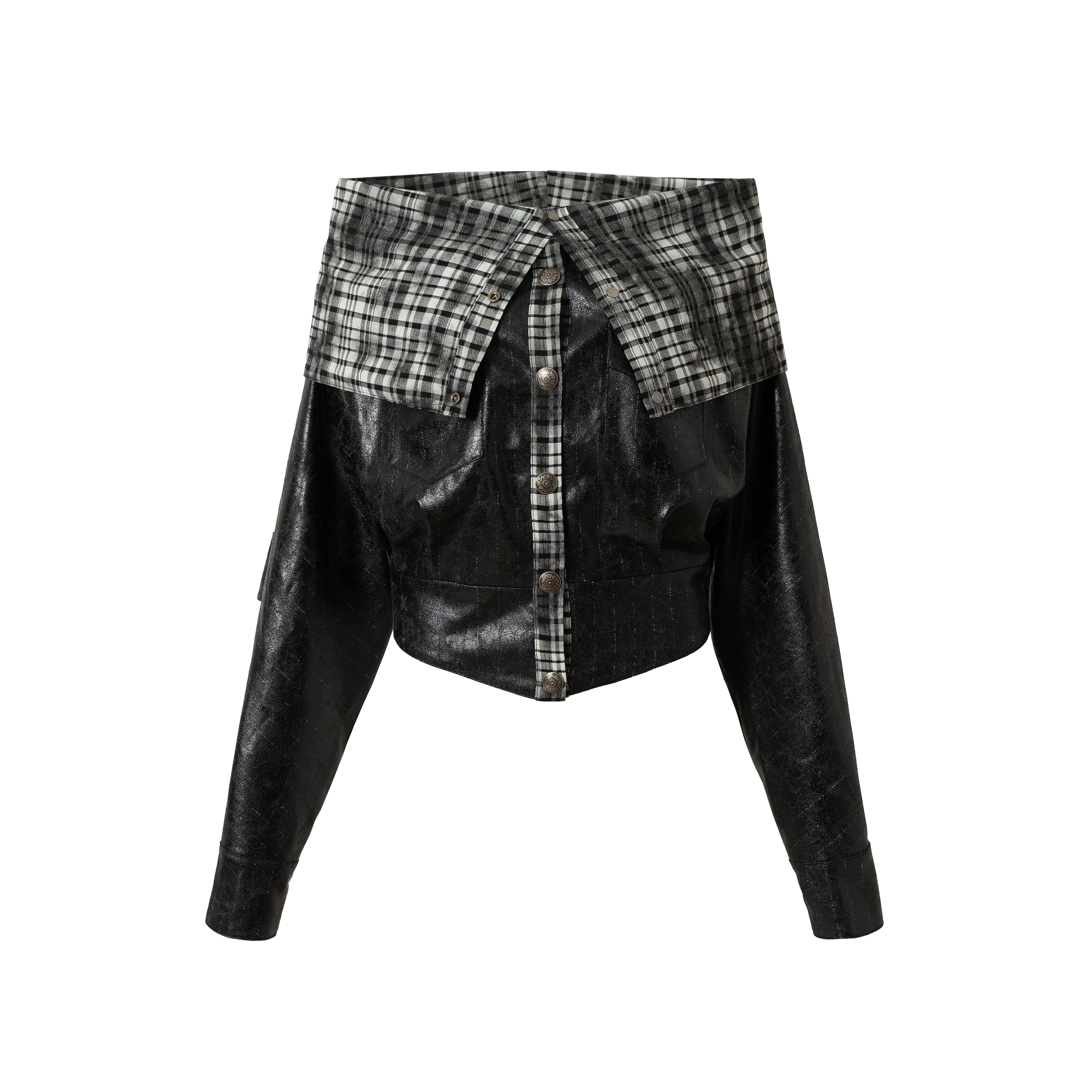 Deconstructed Checkered Waist-Cinching Reversible Leather Hoodie