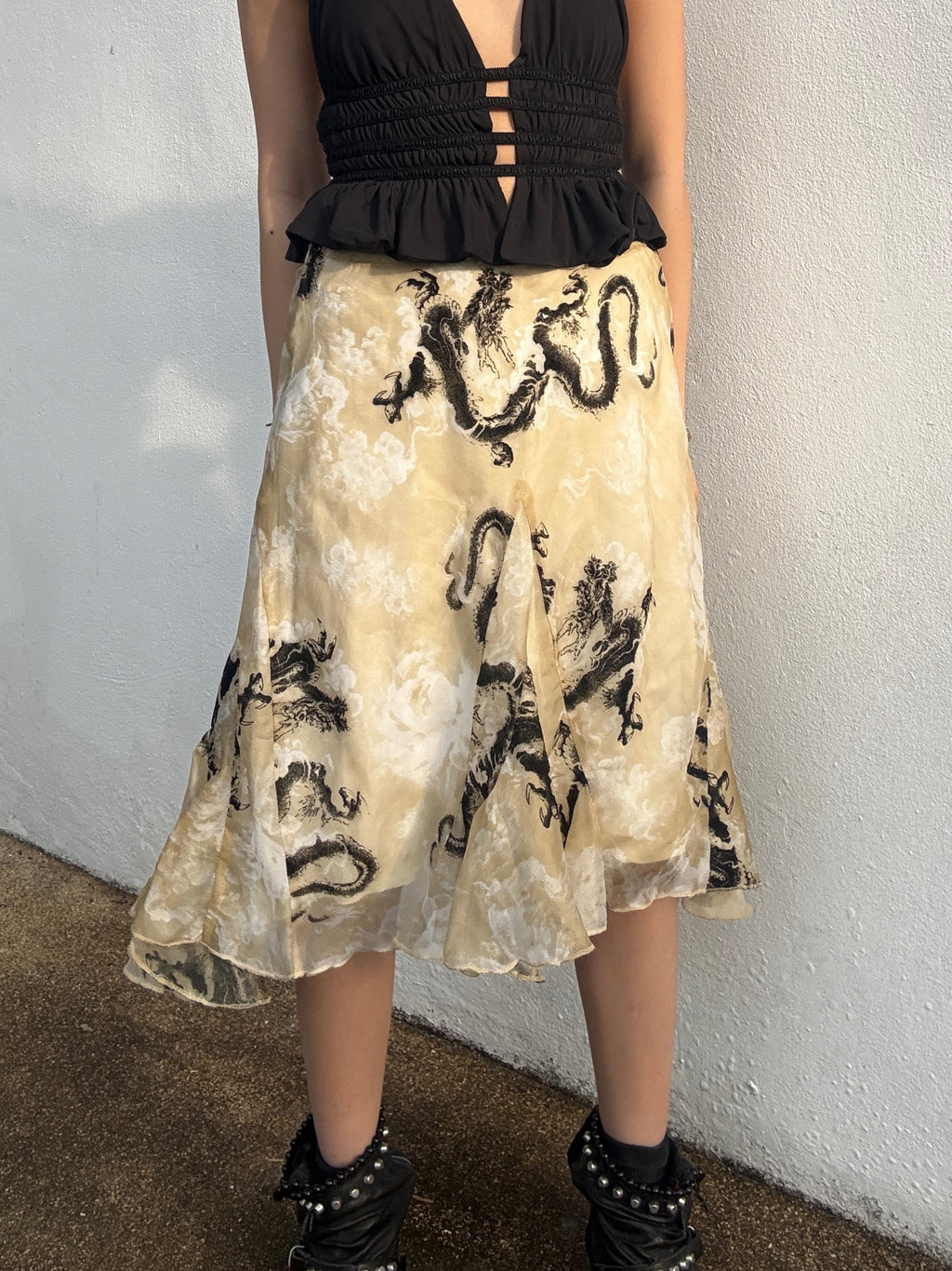 Dragon Print Chiffon Flared Skirt