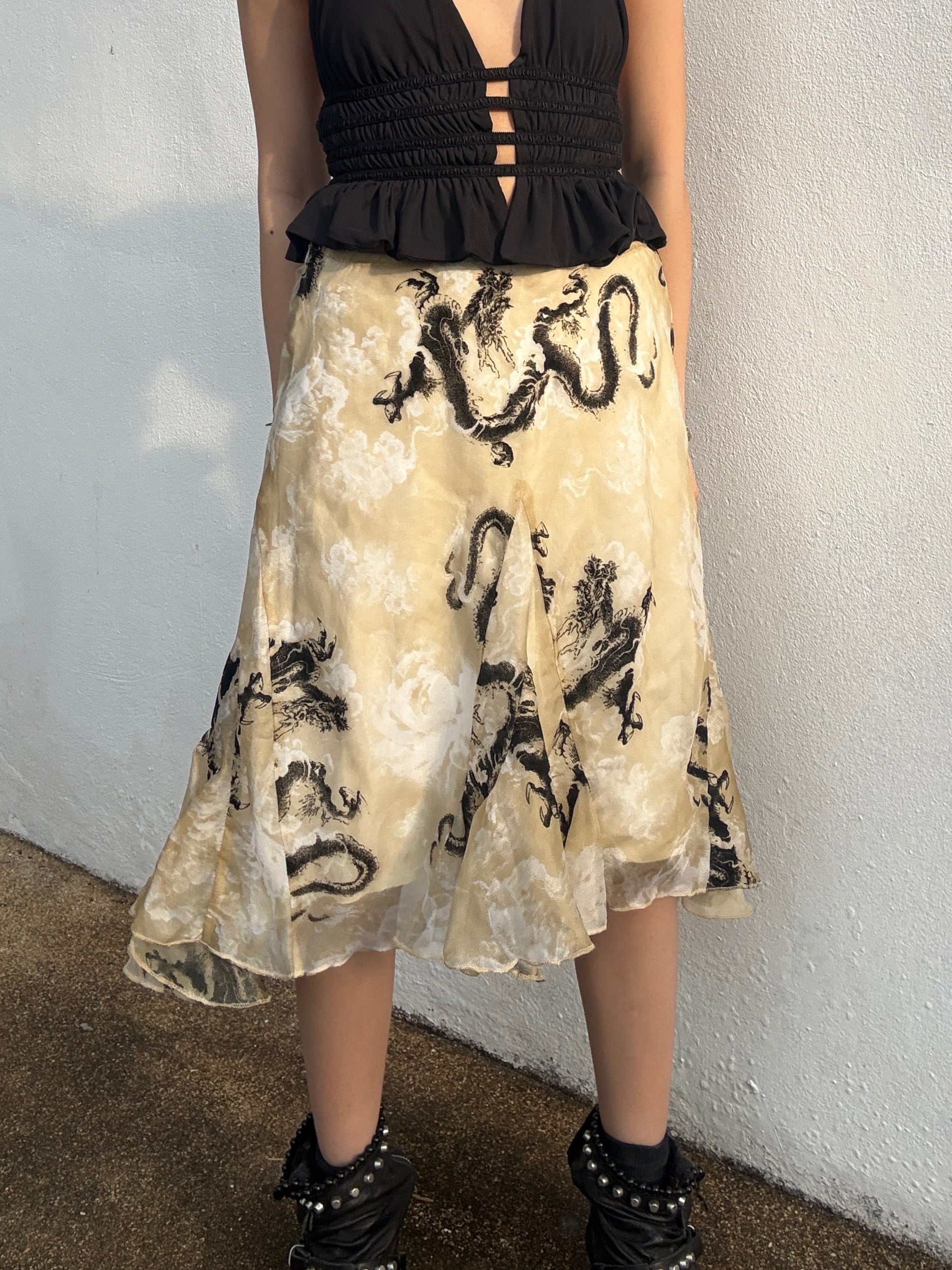 Dragon Print Chiffon Flared Skirt