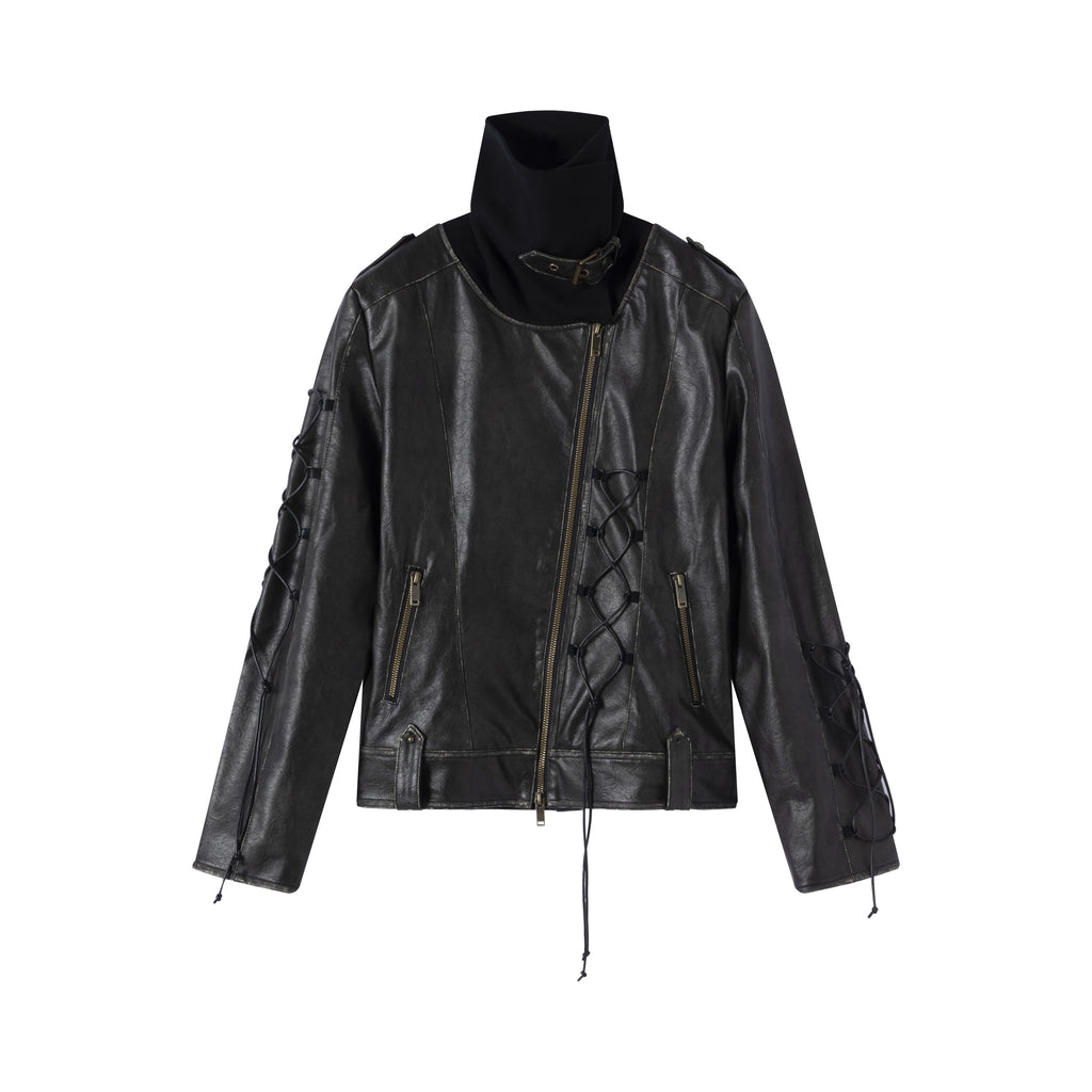 Knit Panel Stacked Collar Washed Leather Jacket