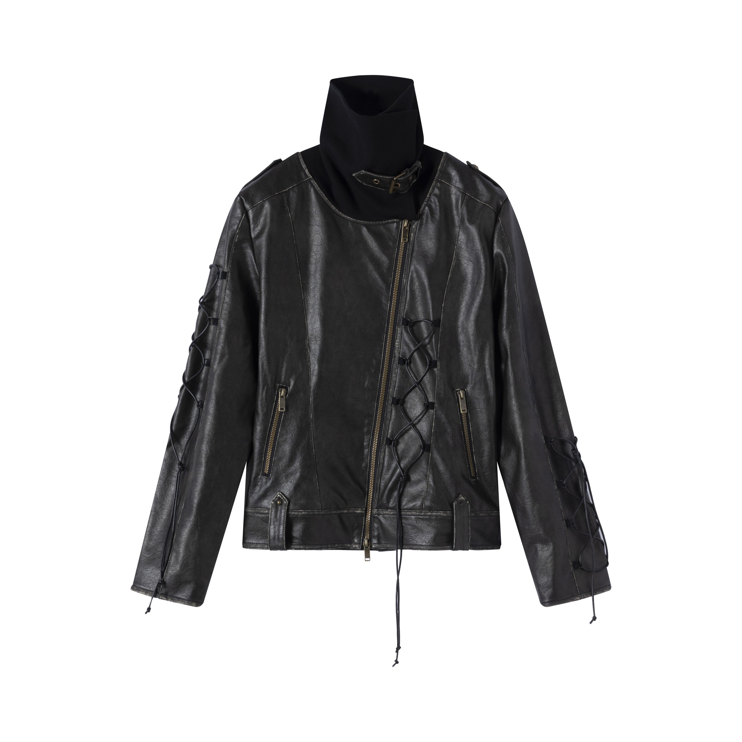 Knit Panel Stacked Collar Washed Leather Jacket