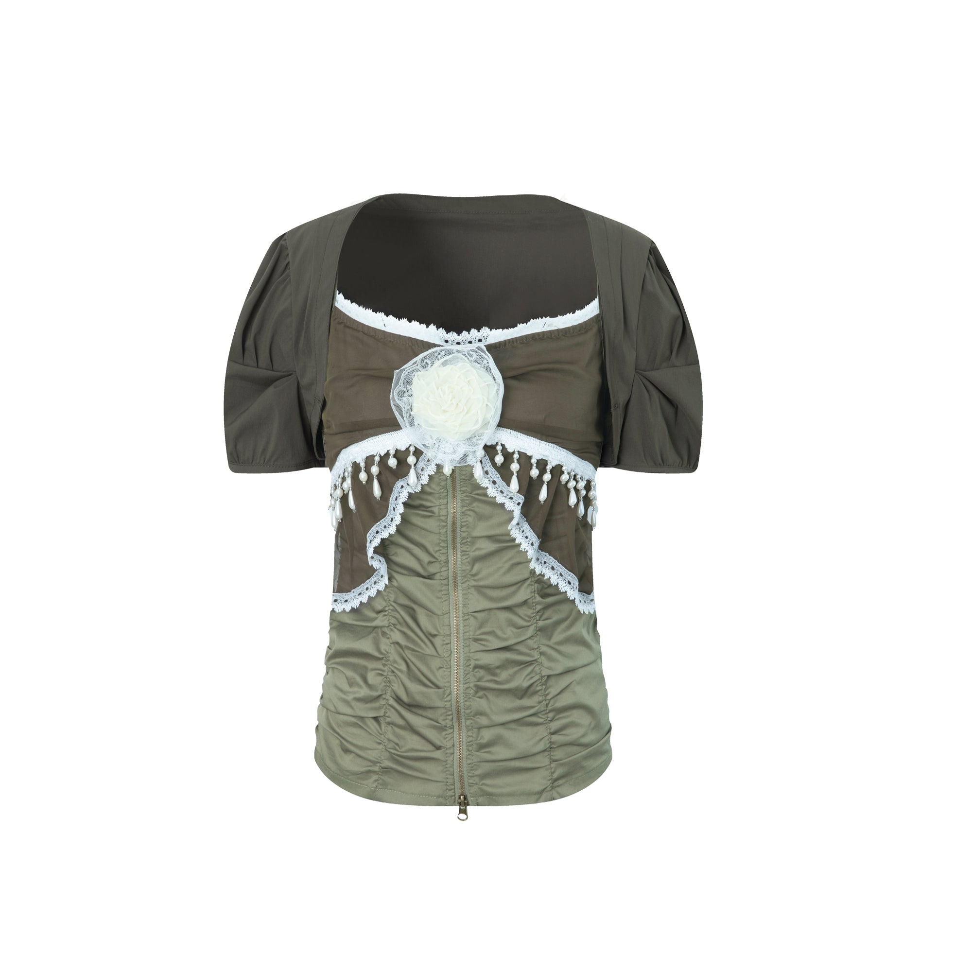 Puff Sleeve Chiffon Lace Camisole 2-Piece Set