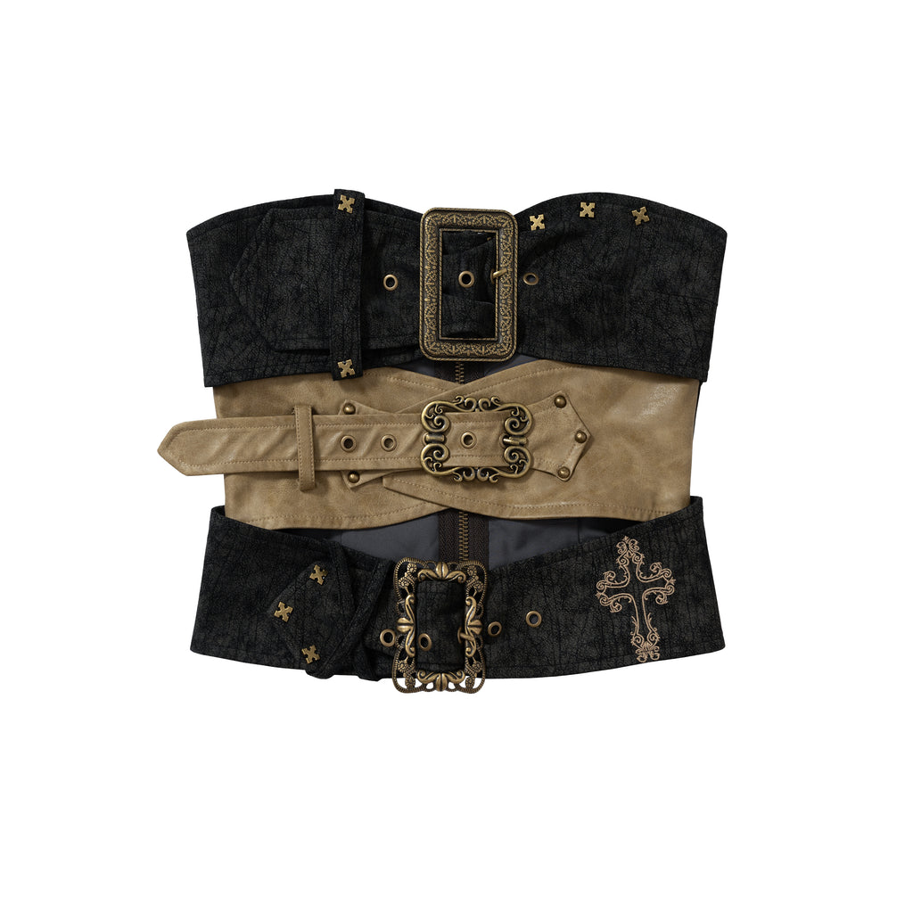 Leather Strap Metal Asymmetrical Color-Block Tube Top