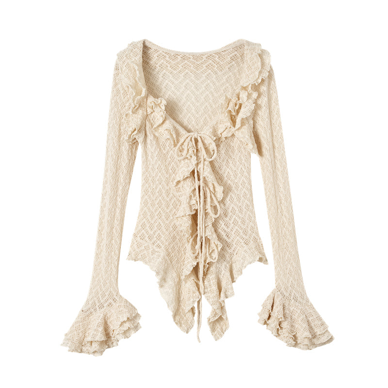 Textured Lace Ruffle Bell Sleeve Blouse