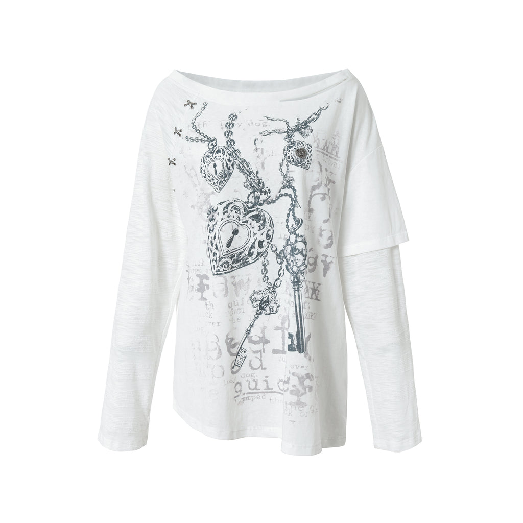Distressed Fake Two-Piece Off-Shoulder Long Sleeve Top