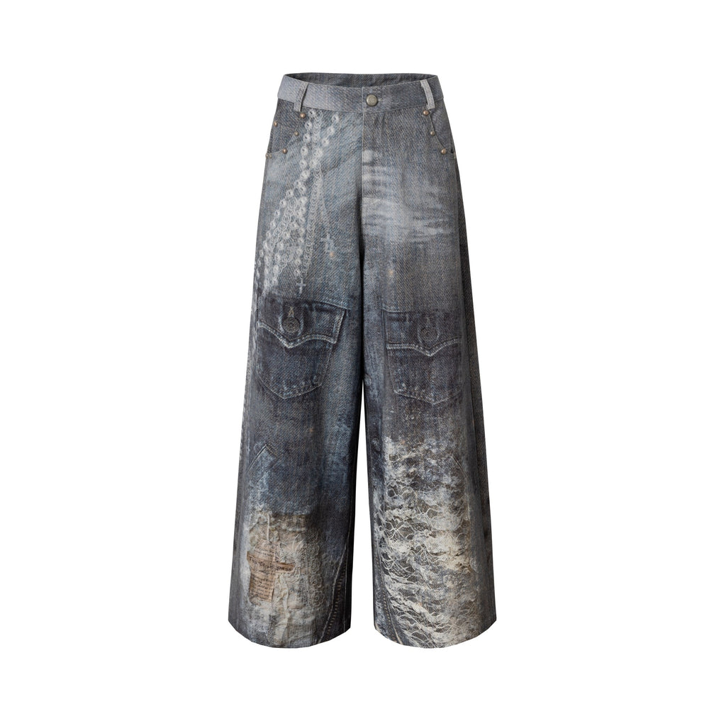 Hand-Drawn Digital Print Lace Relaxed Straight Leg Jeans