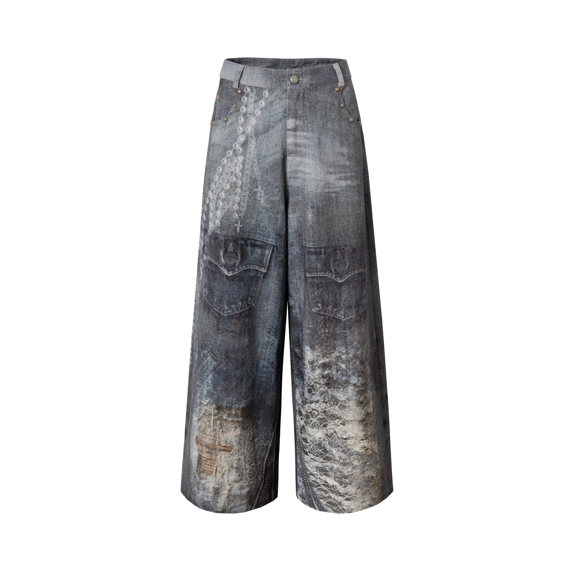 Hand-Drawn Digital Print Lace Relaxed Straight Leg Jeans