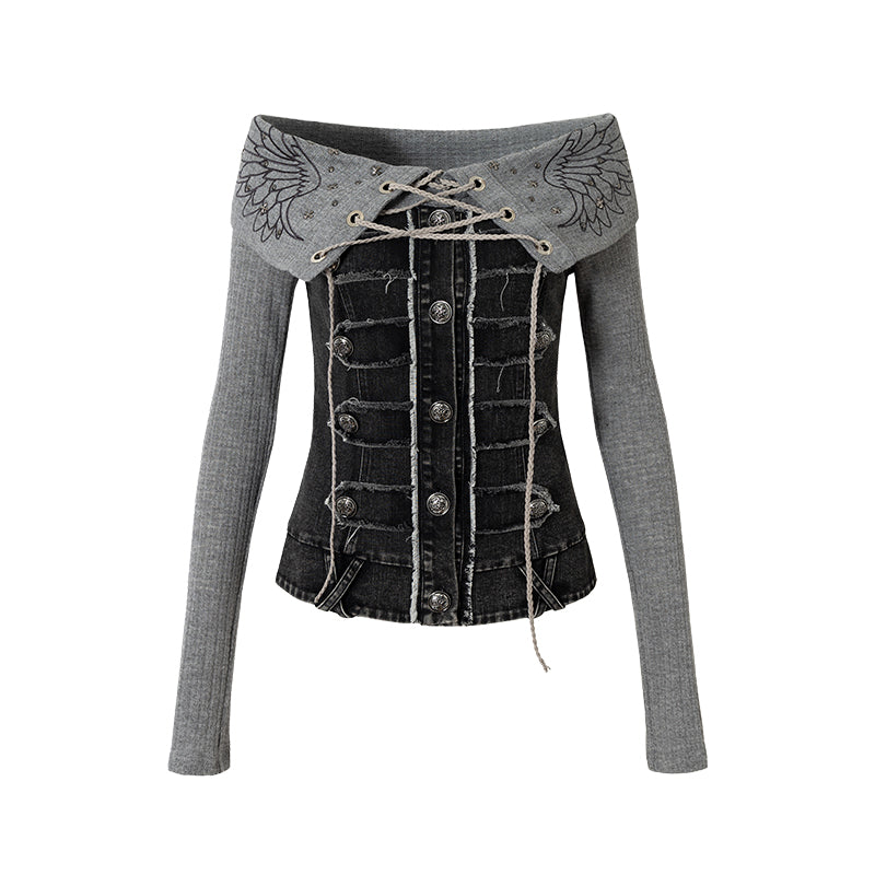 Knit Denim Off-Shoulder T-Shirt