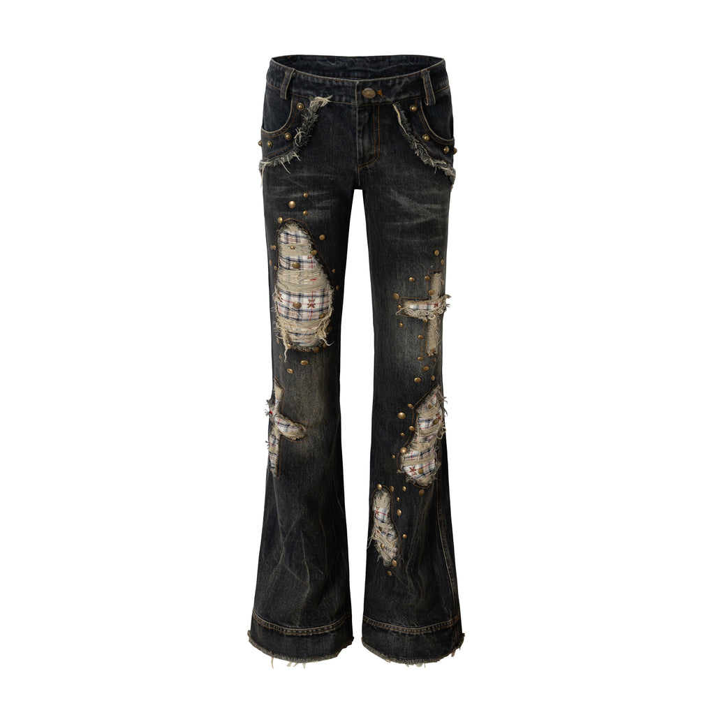 Checkered Patchwork Rhinestone Straight Slim Jeans