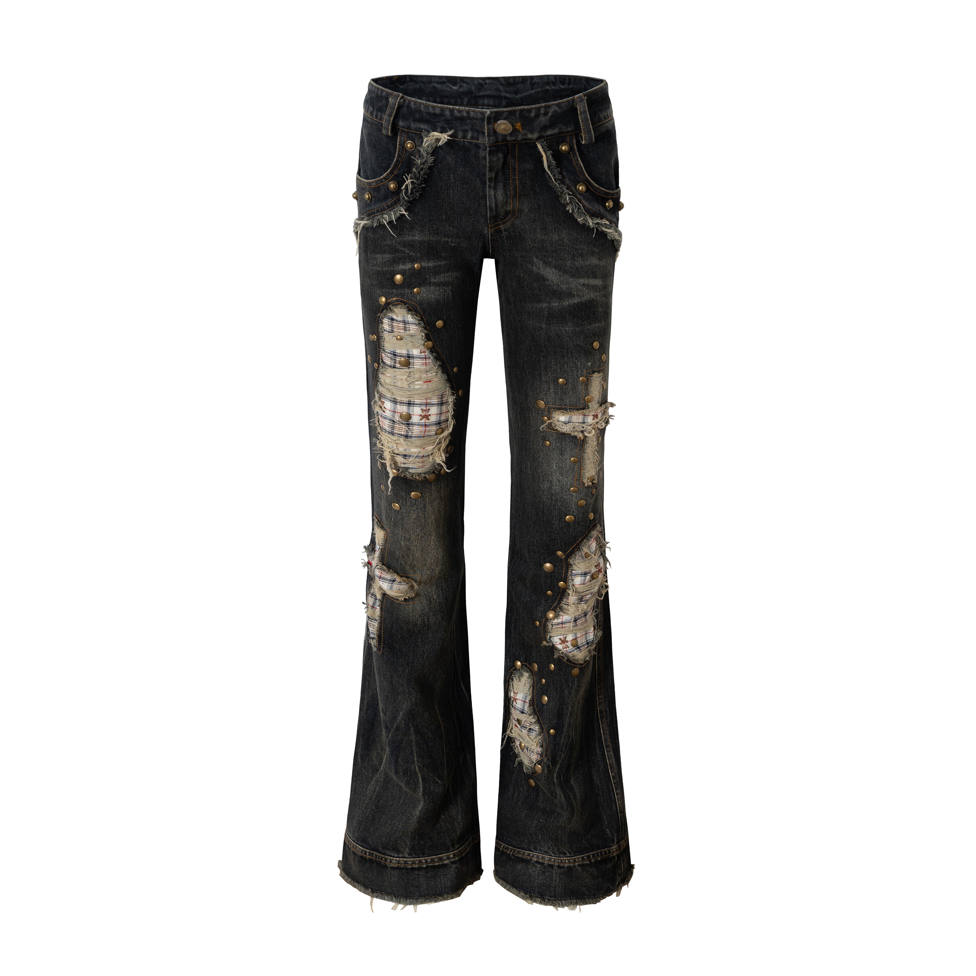 Checkered Patchwork Rhinestone Straight Slim Jeans
