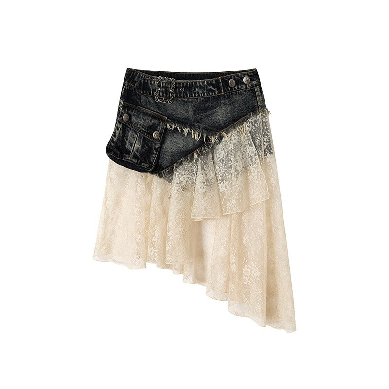 Lace Denim Asymmetrical Skirt