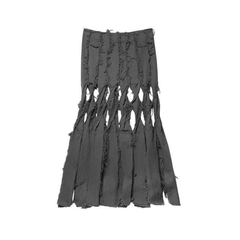 Knotted Fringe Distressed Maxi Skirt
