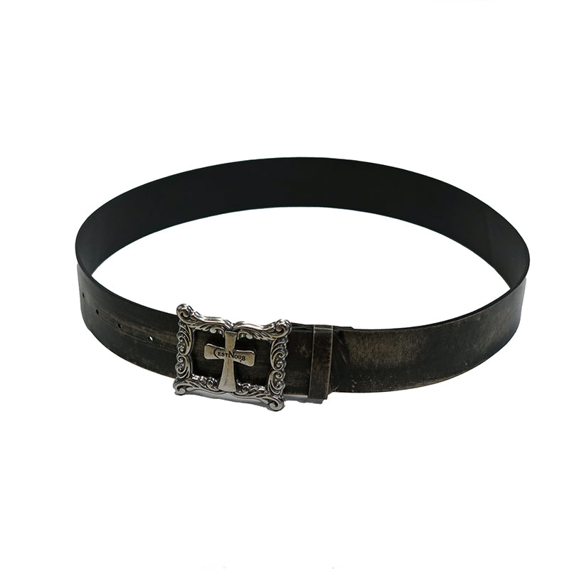Punk Cross Buckle Carved Leather Belt