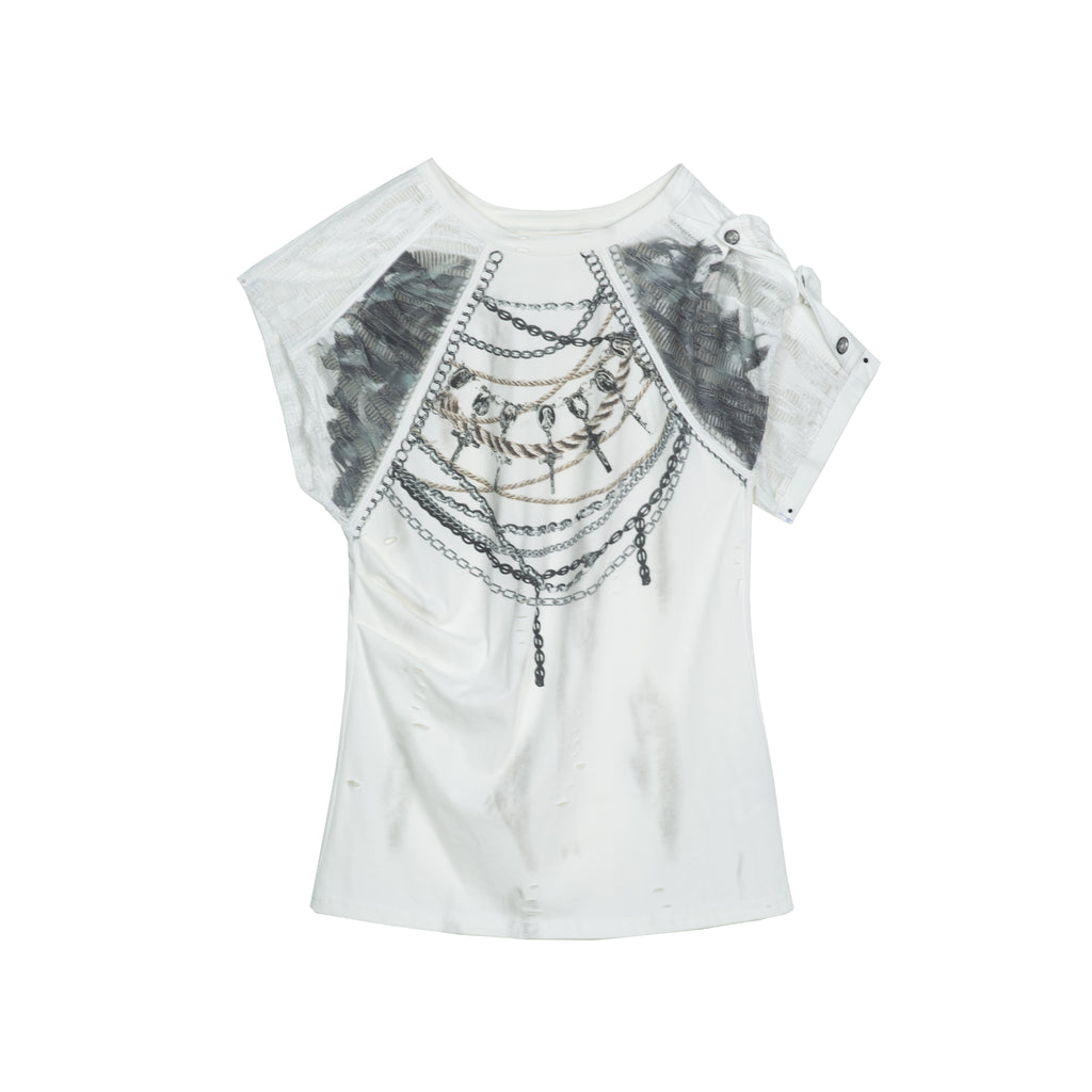 Chain Print Asymmetric T-shirt with Detachable Sleeves