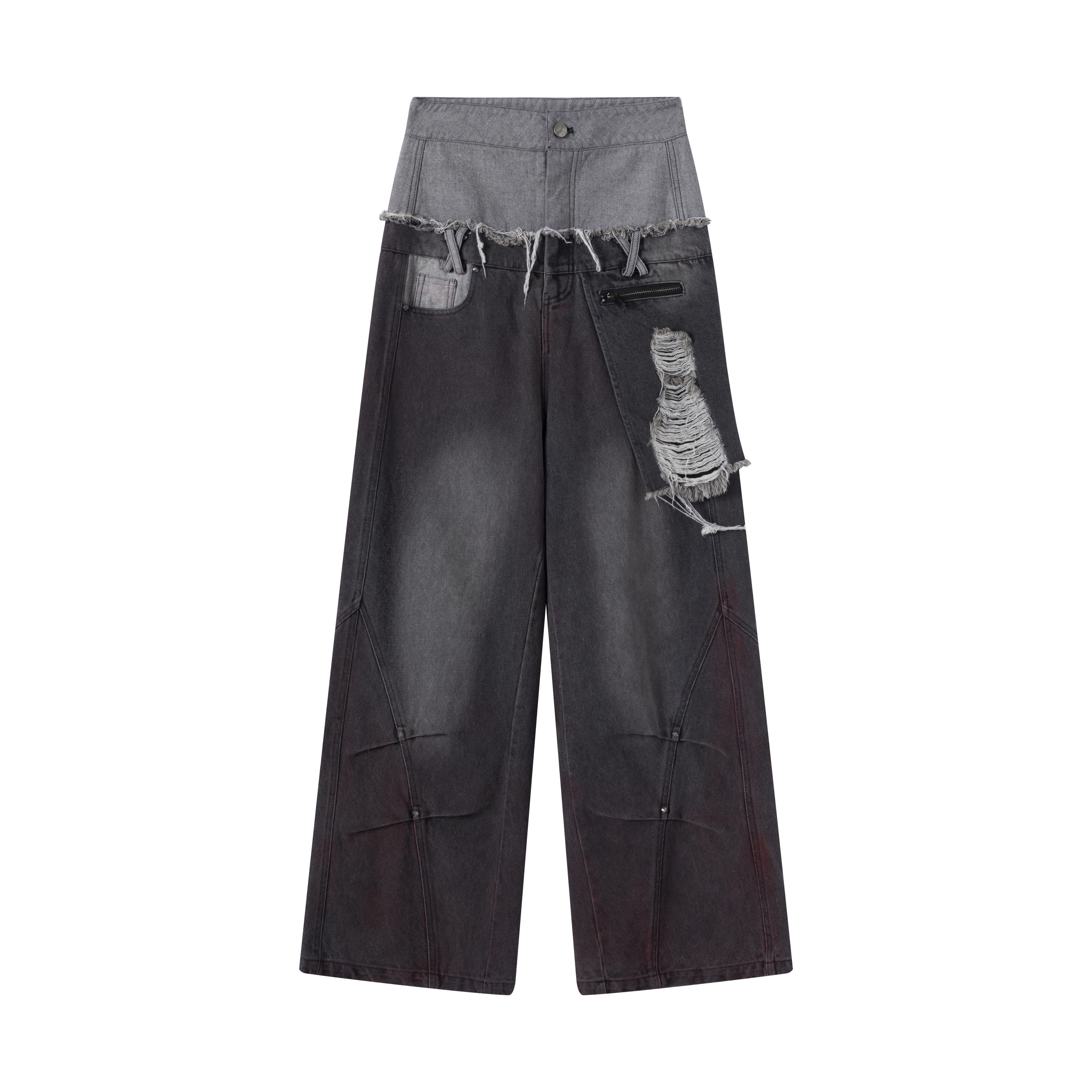 Double Fold Waist Dirty Wash Ripped Wide Leg Pants