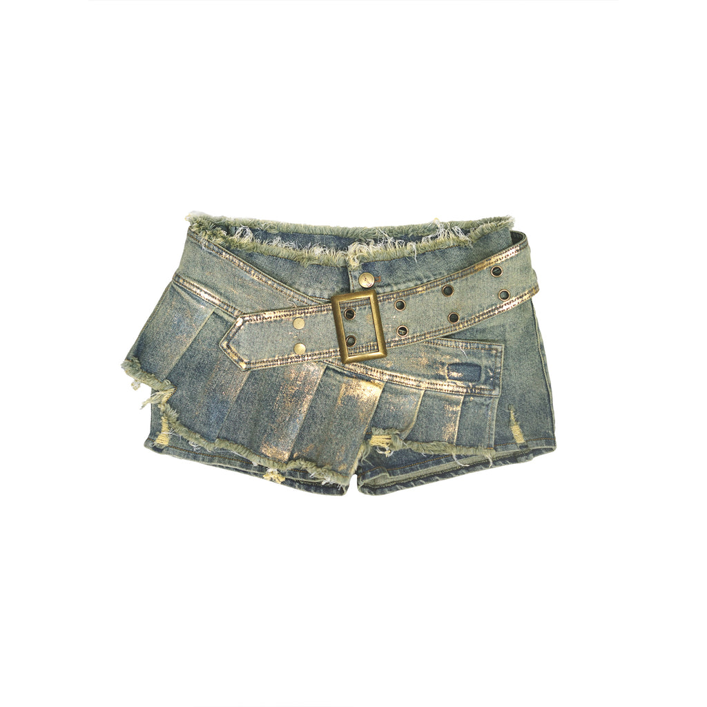 Asymmetrical Gold-Foil Raw Hem Denim Skort