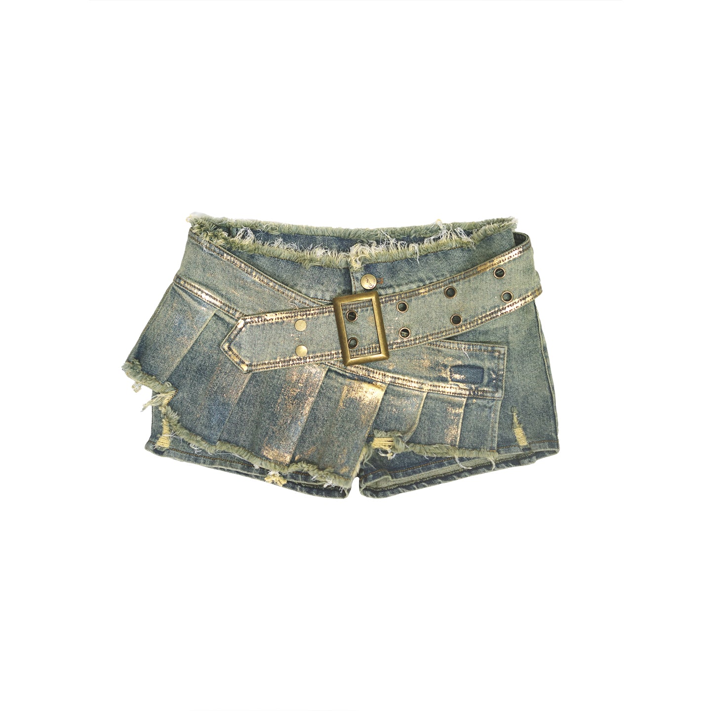 Asymmetrical Gold-Foil Raw Hem Denim Skort