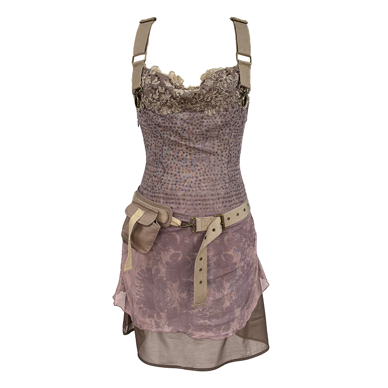 Printed Mesh Lace Dress with Belt