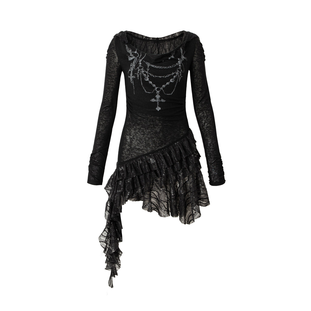 Printed Lace Long Sleeve Hooded Dress