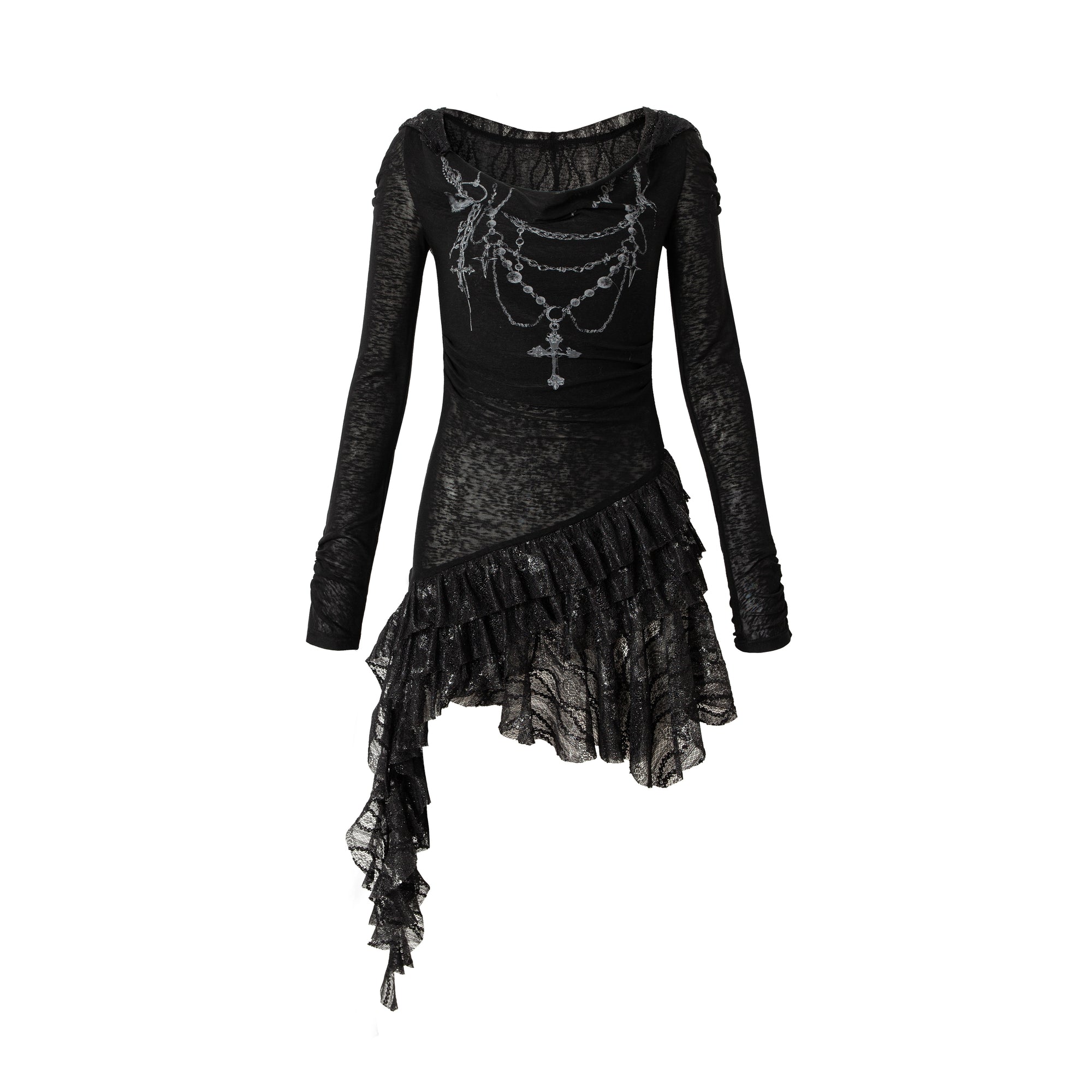 Printed Lace Long Sleeve Hooded Dress
