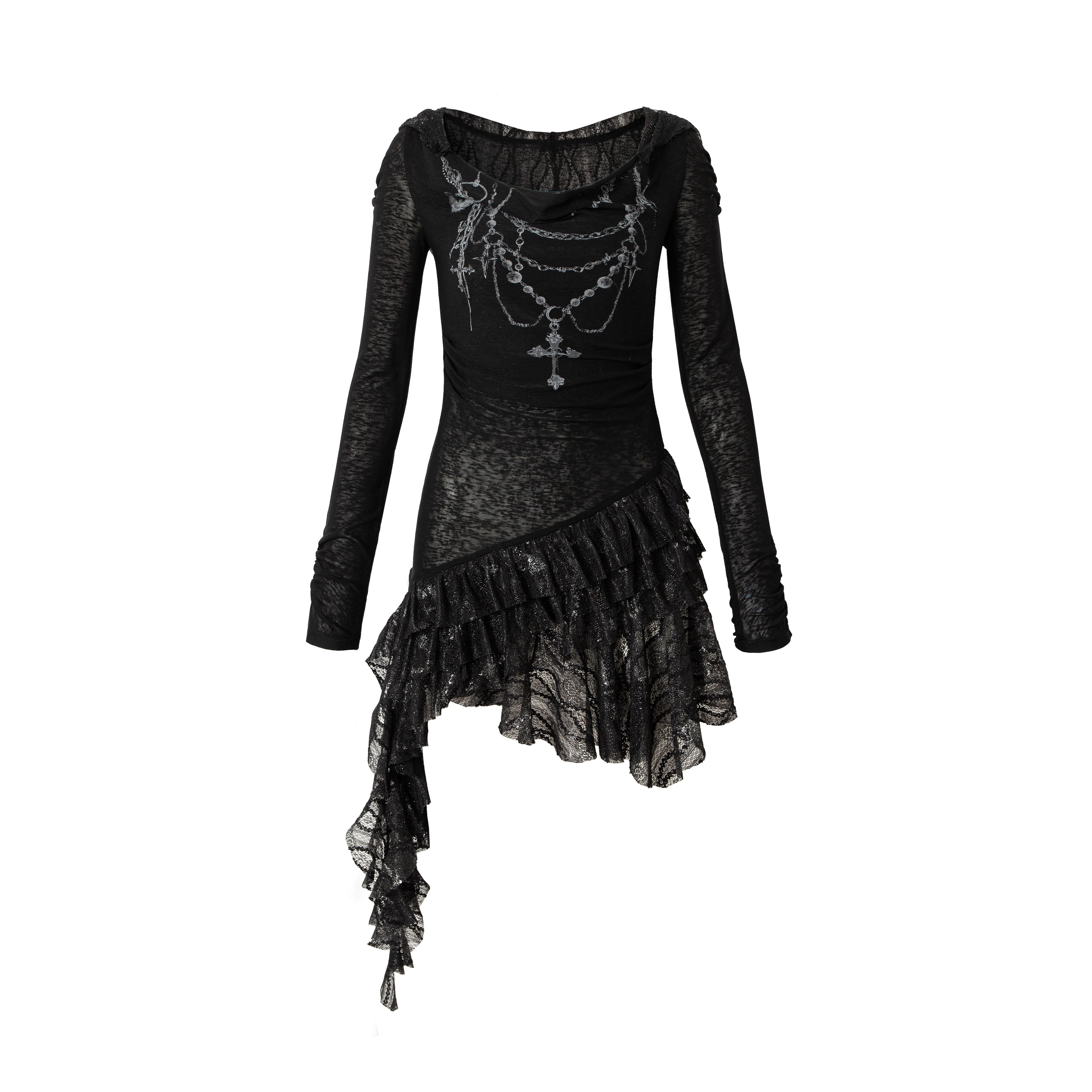 Printed Lace Long Sleeve Hooded Dress