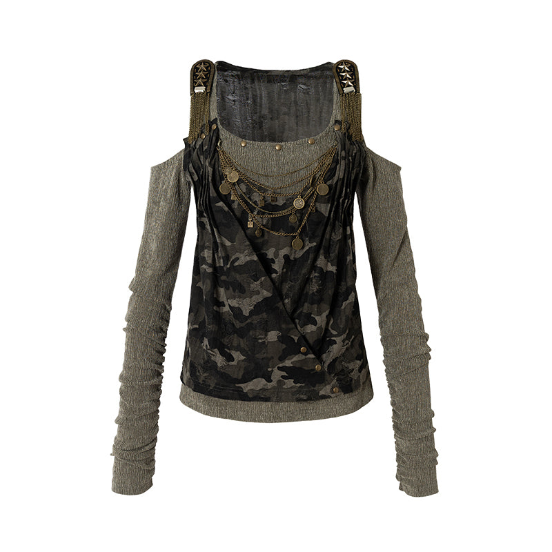 Patchwork False Two-Layer Knit Cold Shoulder Top