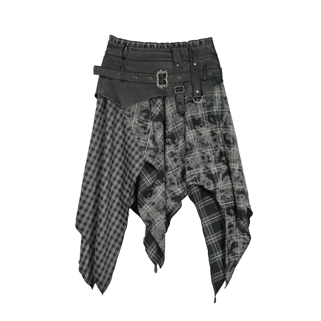 Velvet Patchwork Asymmetric Checkered Hem Midi Skirt