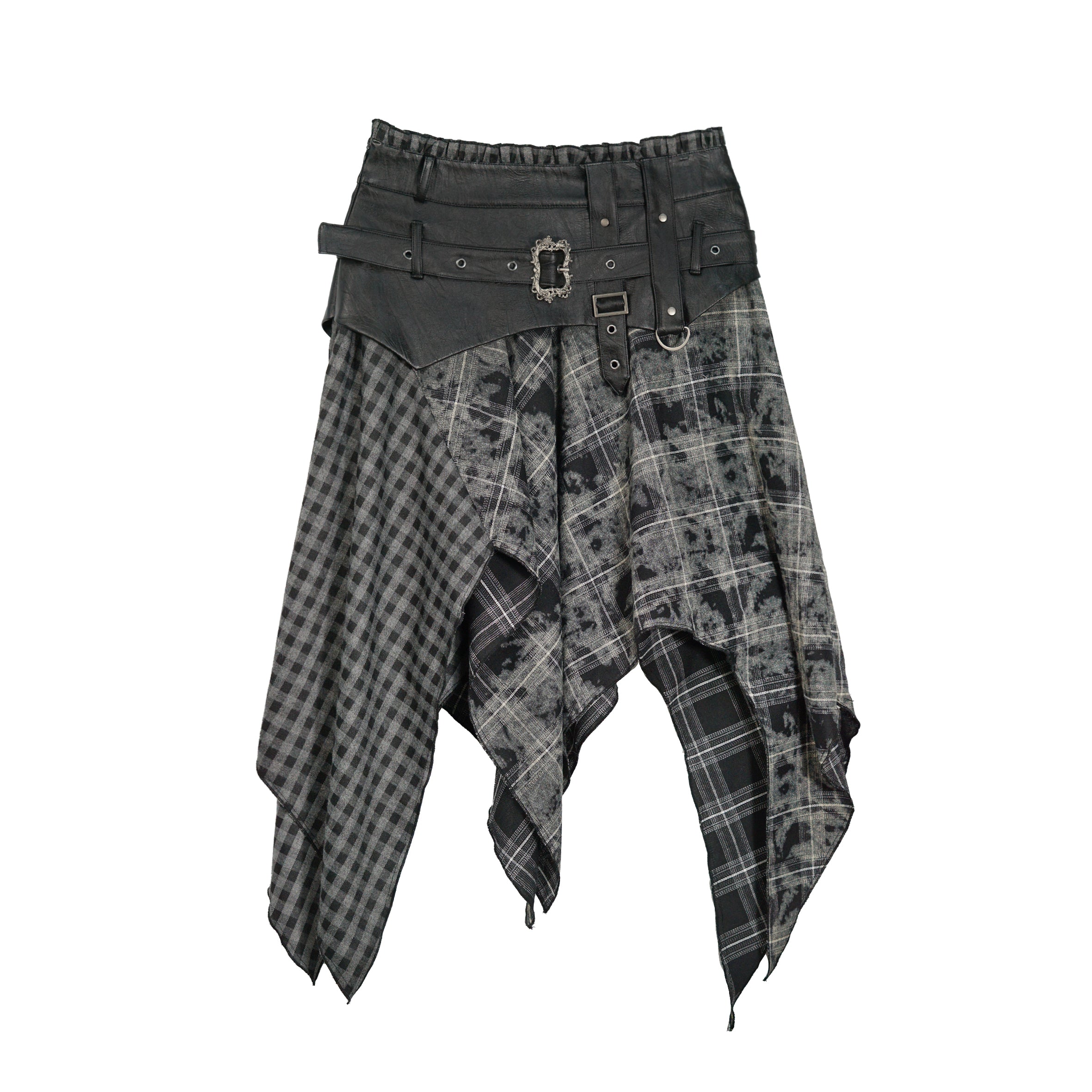 Velvet Patchwork Asymmetric Checkered Hem Midi Skirt