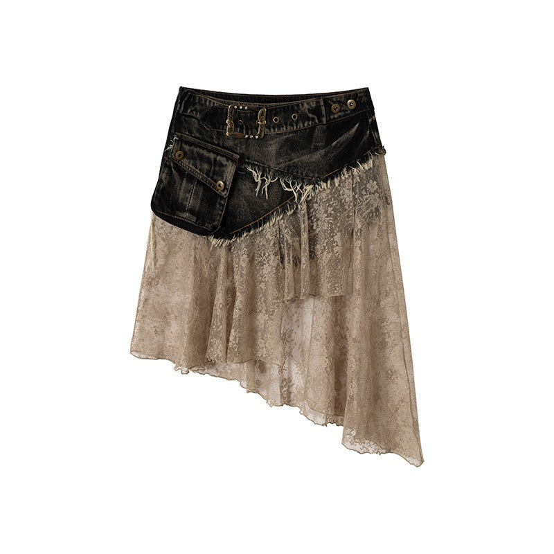 Lace Denim Asymmetrical Skirt