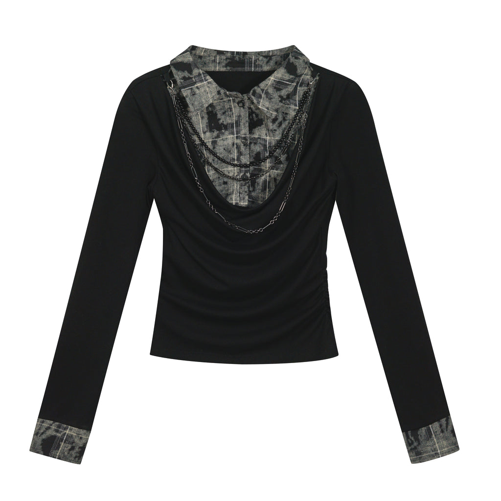 Plaid Tie-Dye Black Draped Long Sleeve Shirt