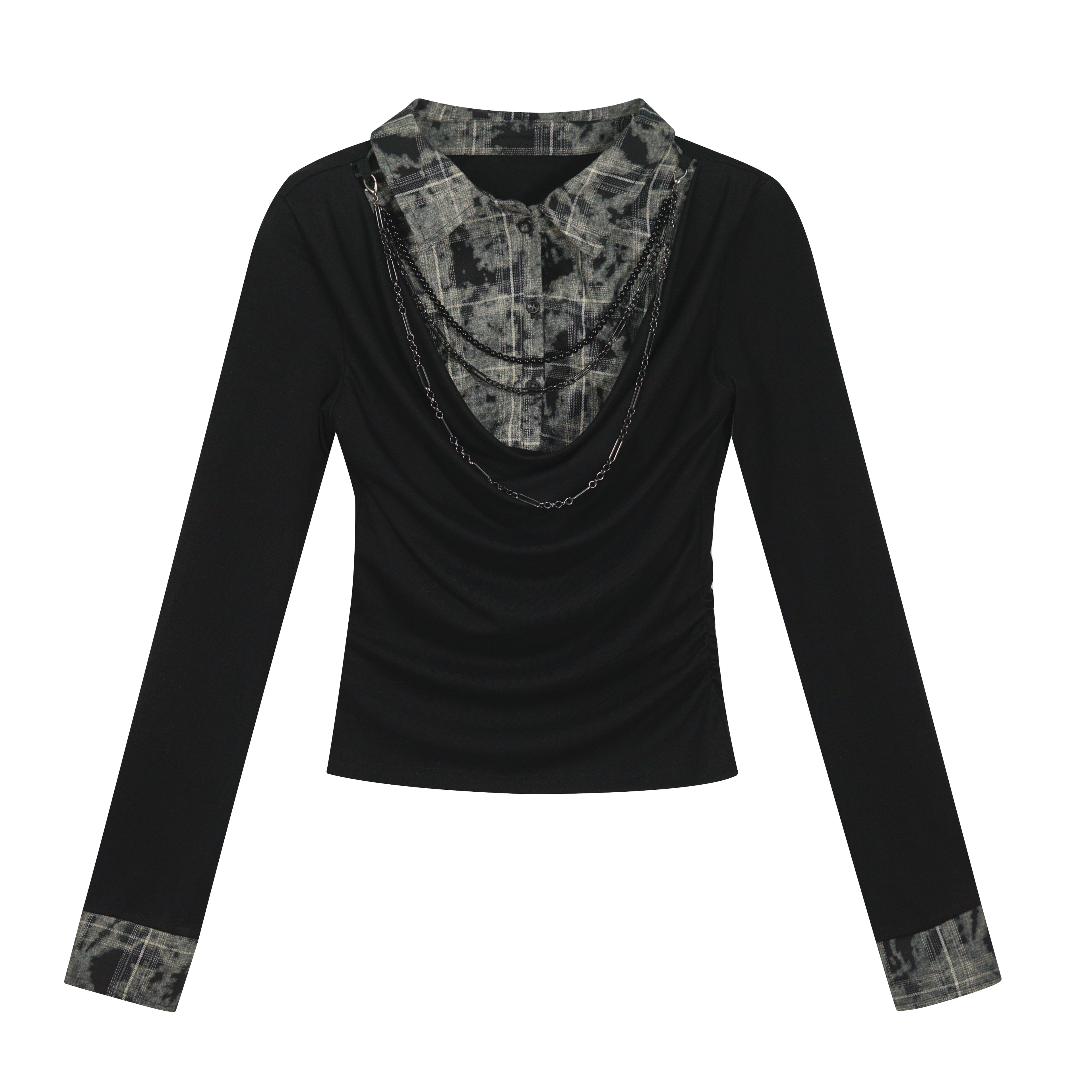 Plaid Tie-Dye Black Draped Long Sleeve Shirt